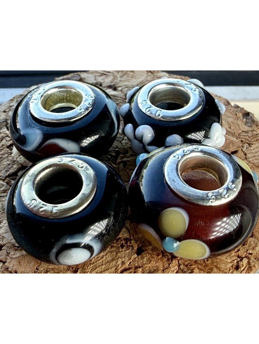 Lot of 4 Vintage 925 Sterling Silver Murano Glass Beads Charms Black Floral Fit